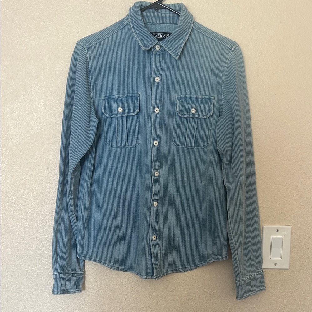 Men's Blue Denim Corduroy Button-Up Shirt